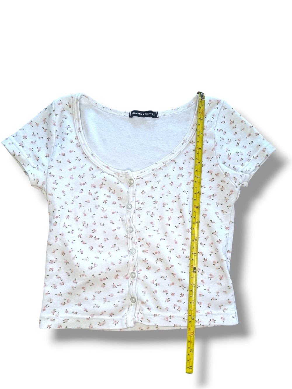 Brandy Melville White Pink Floral Ribbed Henley Baby Tee Crop Top 90s button up - Picture 4 of 11